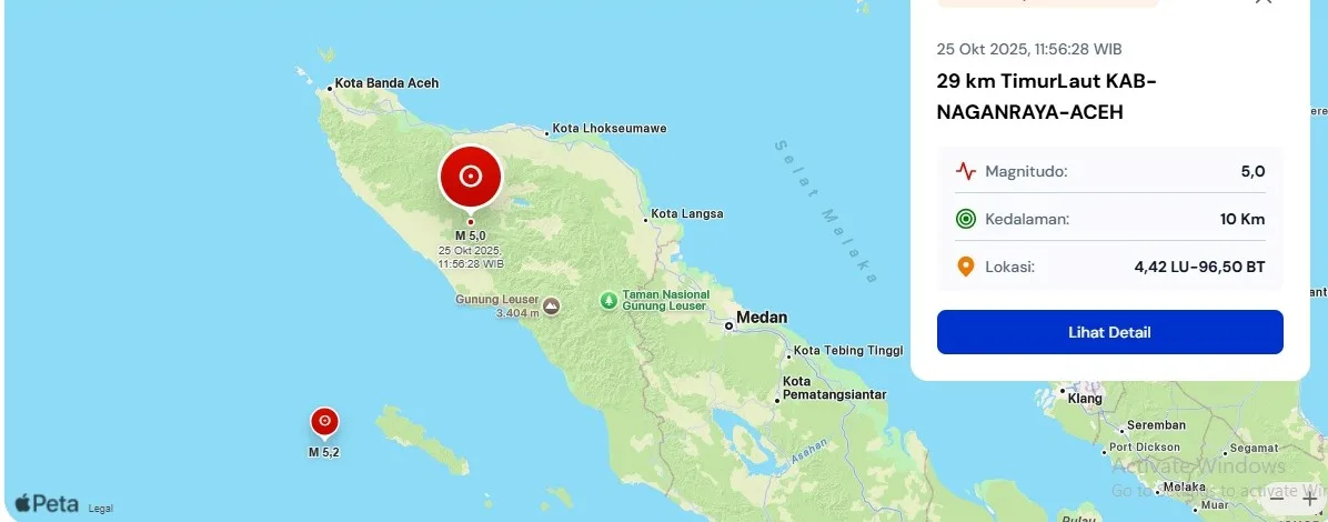 gempa Gempa dengan Magnitudo 5.0 Terjadi di Dekat Naganraya Aceh