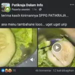 Tangkapan layar unggahan vidio menu MBG yang terdapat belatungnya, yang diunggah di Facebook Patikraja Dalam Info