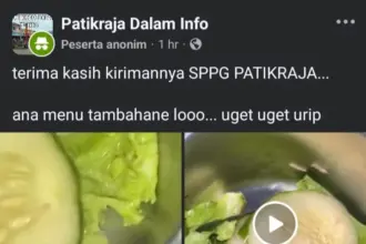 Tangkapan layar unggahan vidio menu MBG yang terdapat belatungnya, yang diunggah di Facebook Patikraja Dalam Info