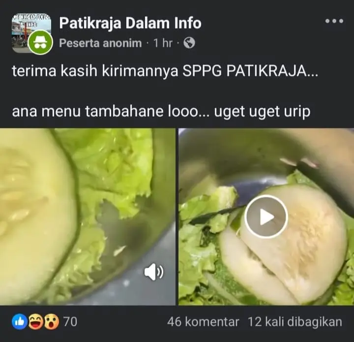 Tangkapan layar unggahan vidio menu MBG yang terdapat belatungnya, yang diunggah di Facebook Patikraja Dalam Info