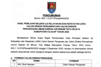 Tangkapan layar penguman calon Dewan Pengawas dan Direktur Teknik Perumda Tirta Wijaya Cilacap