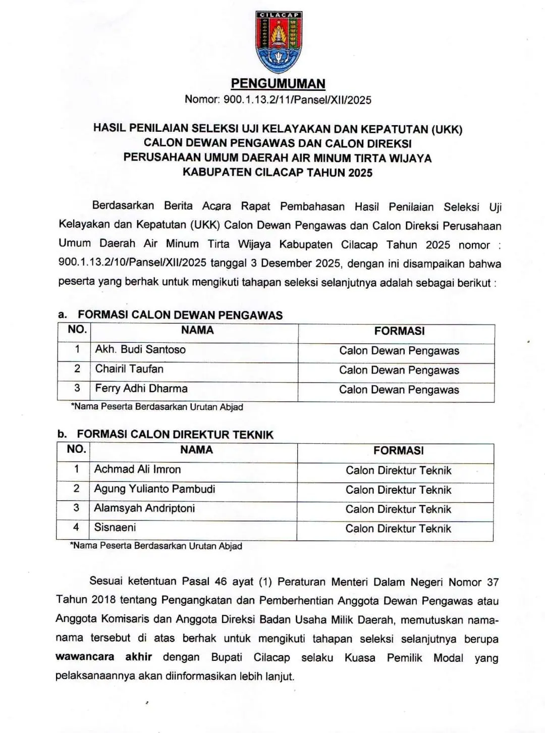 Tangkapan layar penguman calon Dewan Pengawas dan Direktur Teknik Perumda Tirta Wijaya Cilacap