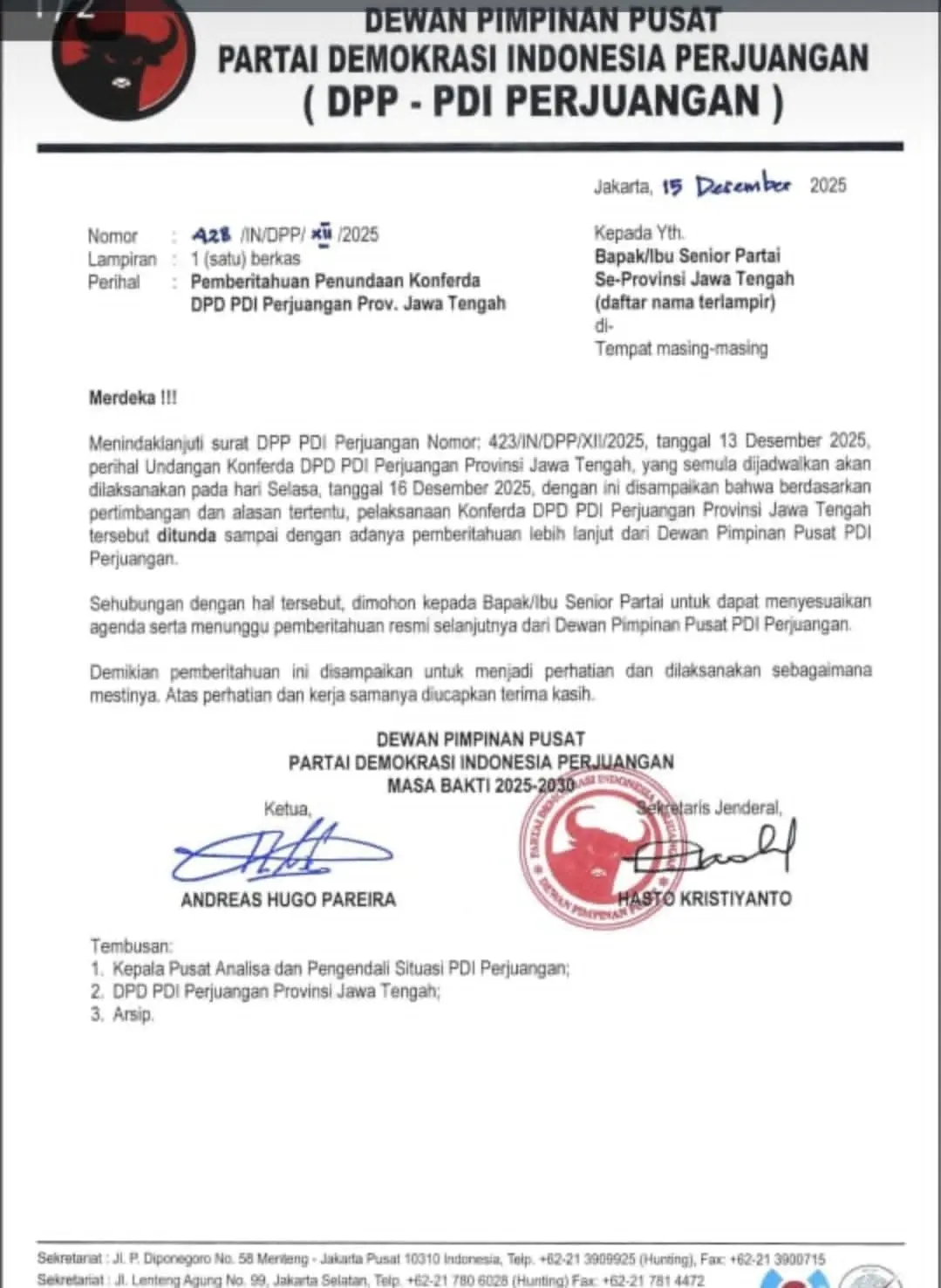 Konferda DPD PDI Perjuangan Jawa Tengah Diundur