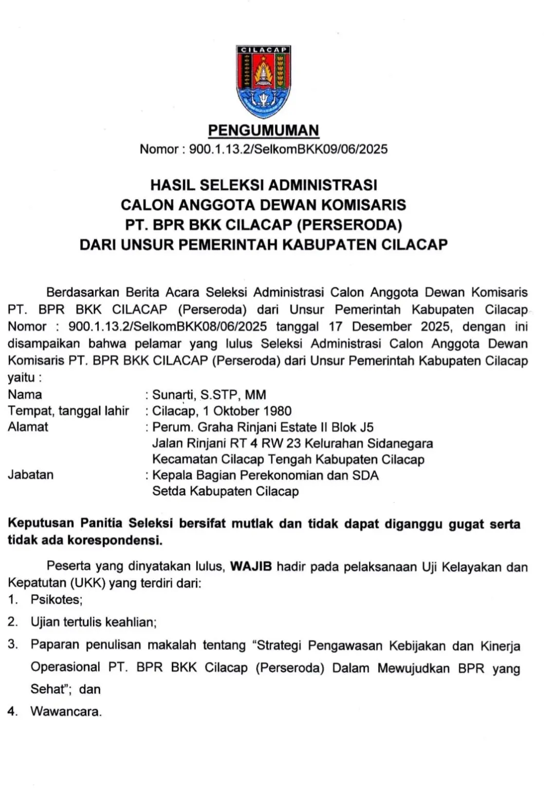 Lolos Seleksi Administrasi Komisaris PT BPR BKK Cilacap