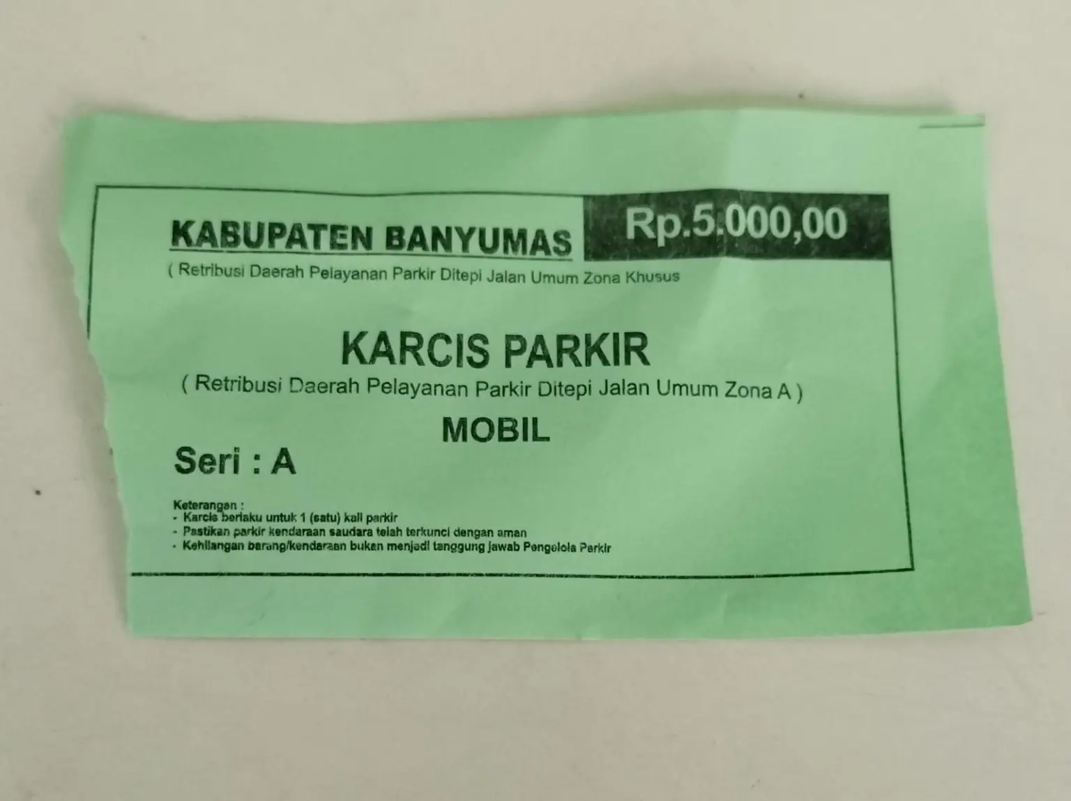 Karcis Parkir Banyumas
