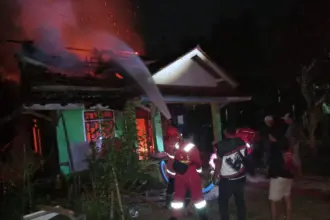 Petugas Damkar saat berjibaku padamkan kebakaran 2 rumah di Karangpucung Cilacap. (Damkar Cilacap).
