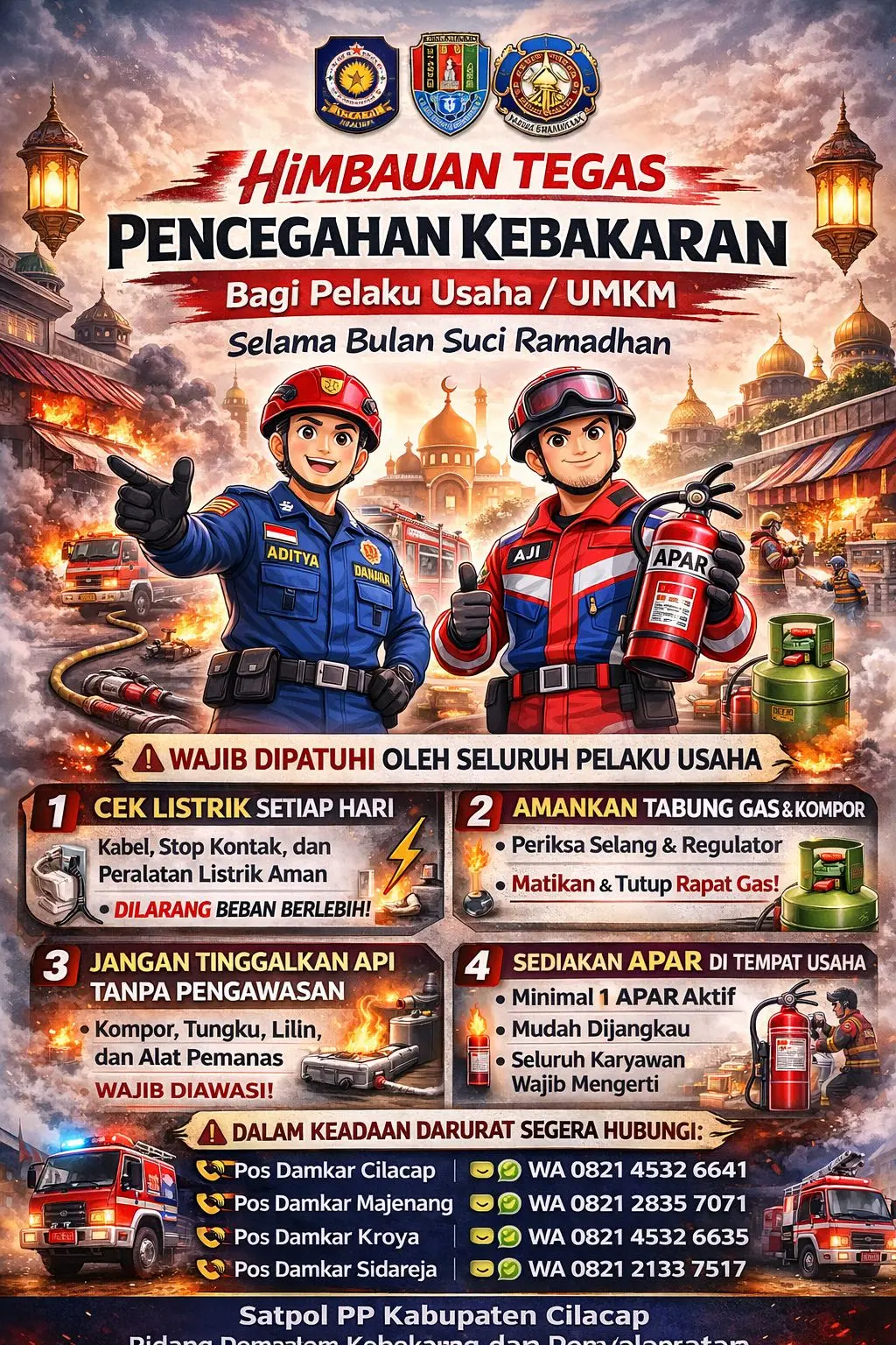 Flayer imbauan pencegahan potensi kebakaran bagi pelaku usaha atau UMKM. (Damkar Cilacap).