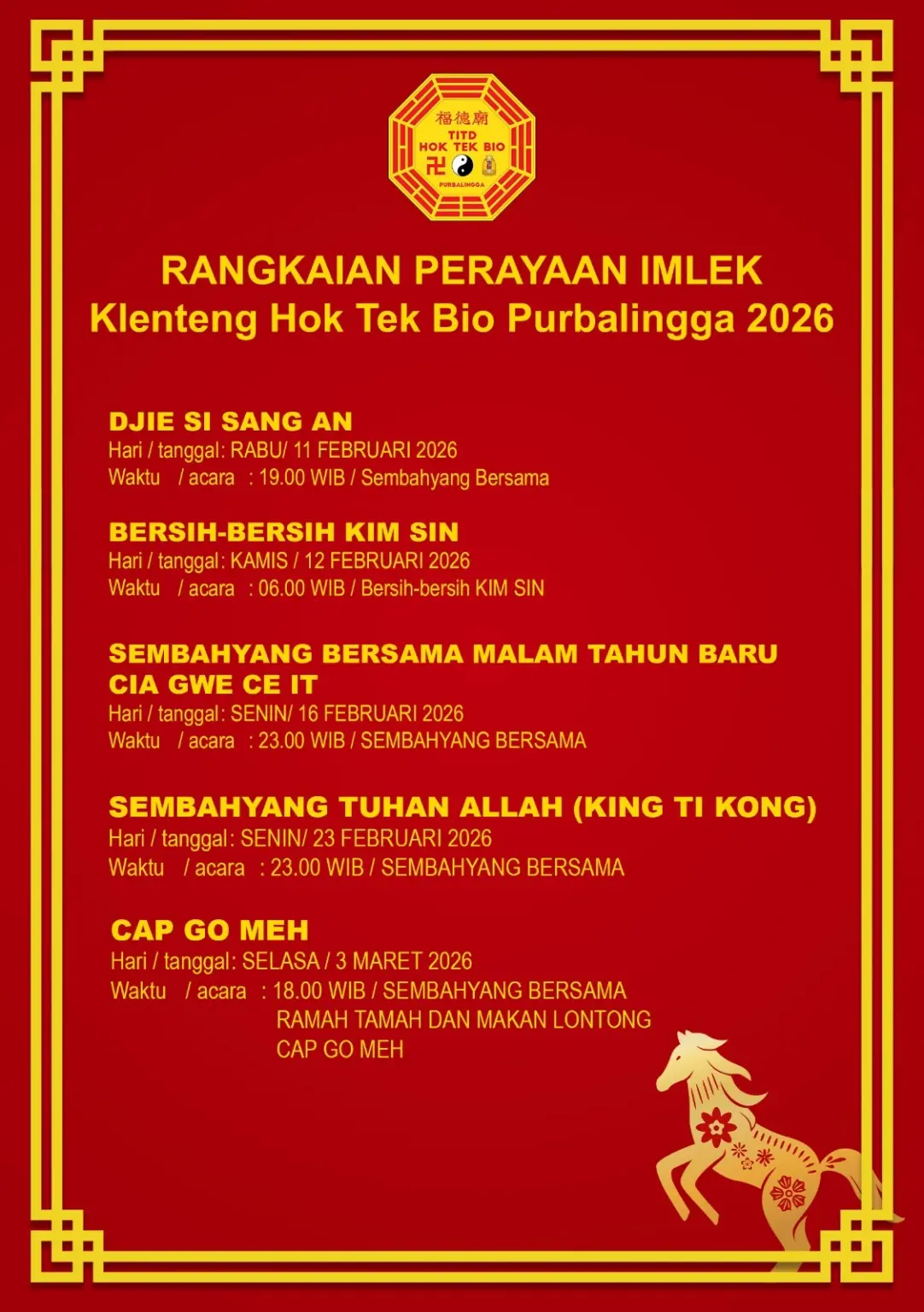 Ini Rangkaian Acara Sambut Imlek di Klenteng Hok Tek Bio Purbalingga 