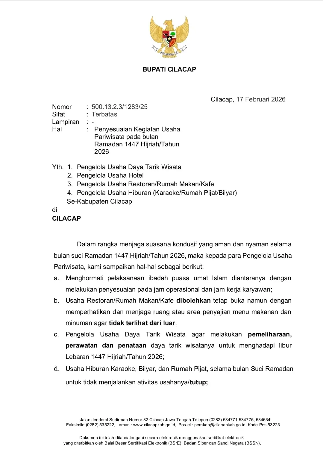 Surat edaran kebijakan penyesuaian operasional usaha pariwisata selama Ramadan 1447 Hijriah/2026 di Cilacap. (Pemkab Cilacap).
