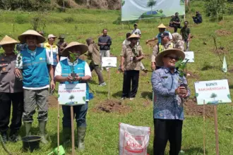 Komut PT PLN Indonesia Power beserta jajaran lainnya saat tanam pohon kopi di Desa Pegundungan Banjarnegara, Kamis (23/4/2026). (Foto: Heri C)