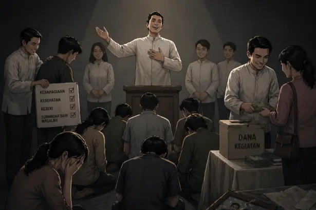 Ilustrasi tentang sekte sesat yang melakukan penipuan dan penistaan.