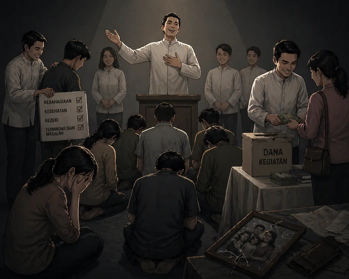 Ilustrasi tentang sekte sesat yang melakukan penipuan dan penistaan.