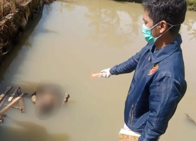Petugas evakuasi dan olah TKP mayat pria mengambang di kolam warga di Wanareja Cilacap. (Polresta Cilacap).