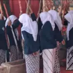 Sejumlah emak-emak di Desa Karanggedang Sidareja Cilacap memainkan lesung yang dipukul dengan alu atau kayu. (Faiz Ardani).